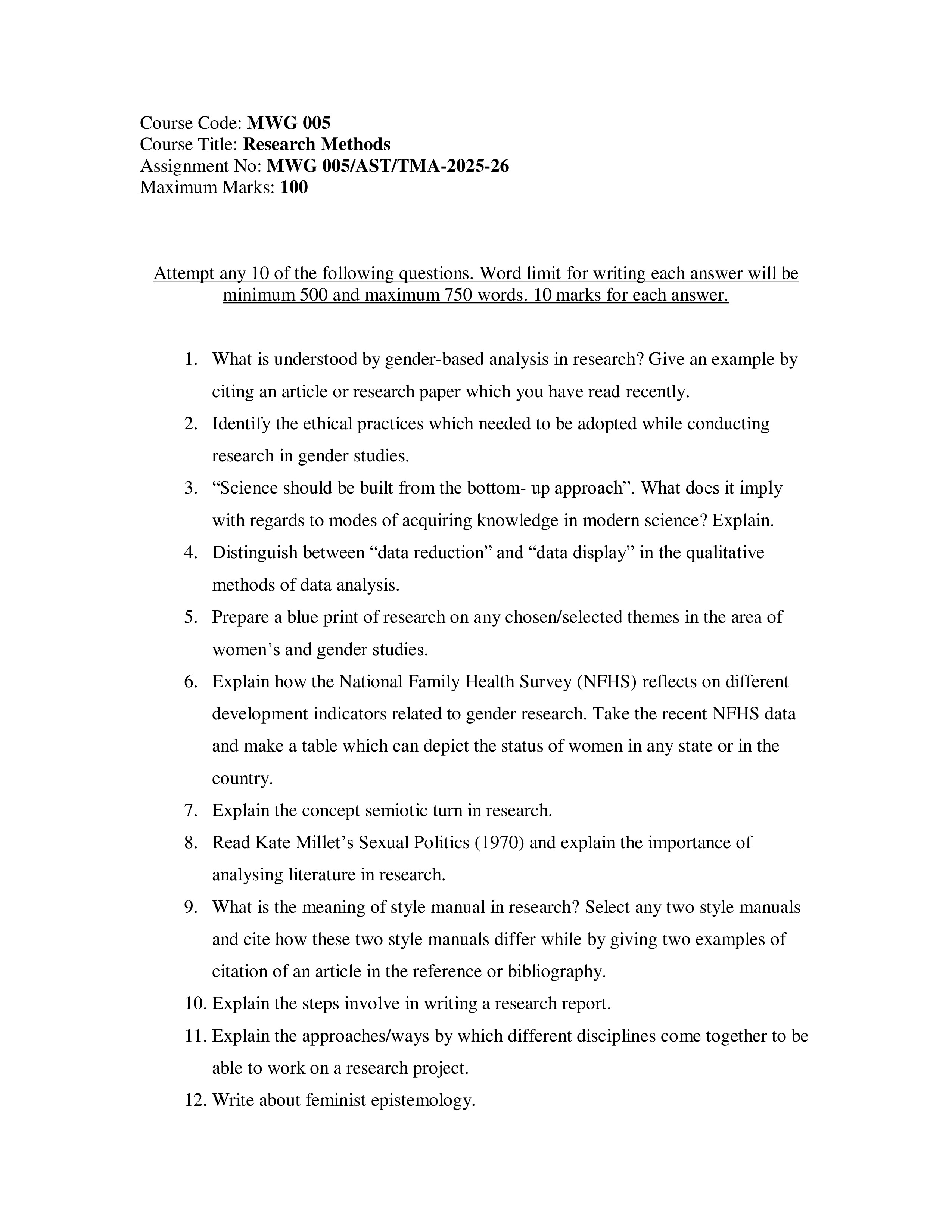 IGNOU MWG 005 Solved Assignment 2025-2026 – Research Methods (common to both specializations) (English) | IGNOU Students Portal