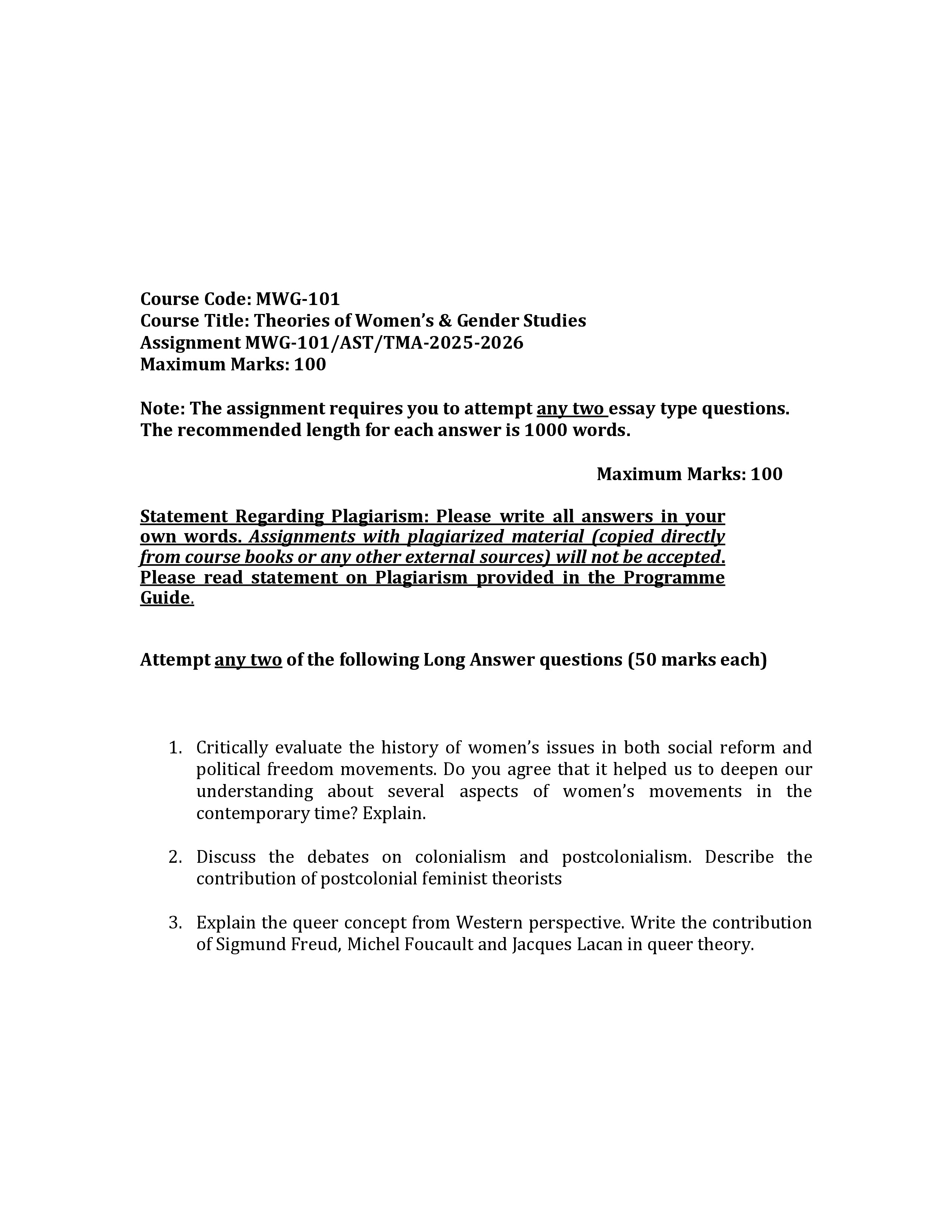 IGNOU MWG 101 Solved Assignment 2025-2026 – Theories of Women‘s & Gender Studies (English) | IGNOU Students Portal