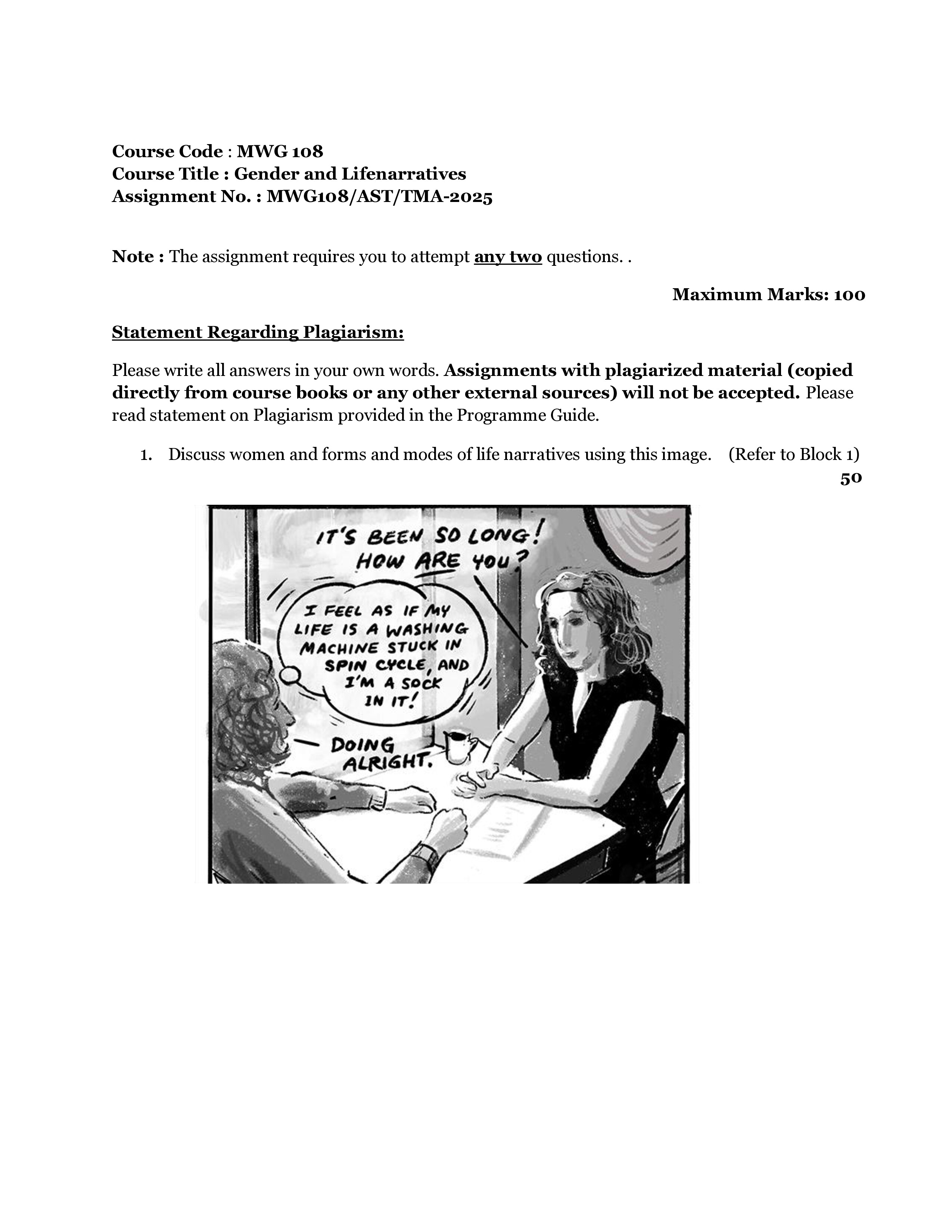 IGNOU MWG 108 Solved Assignment 2025-25 – Gender and Life Narratives (English) | IGNOU Students Portal