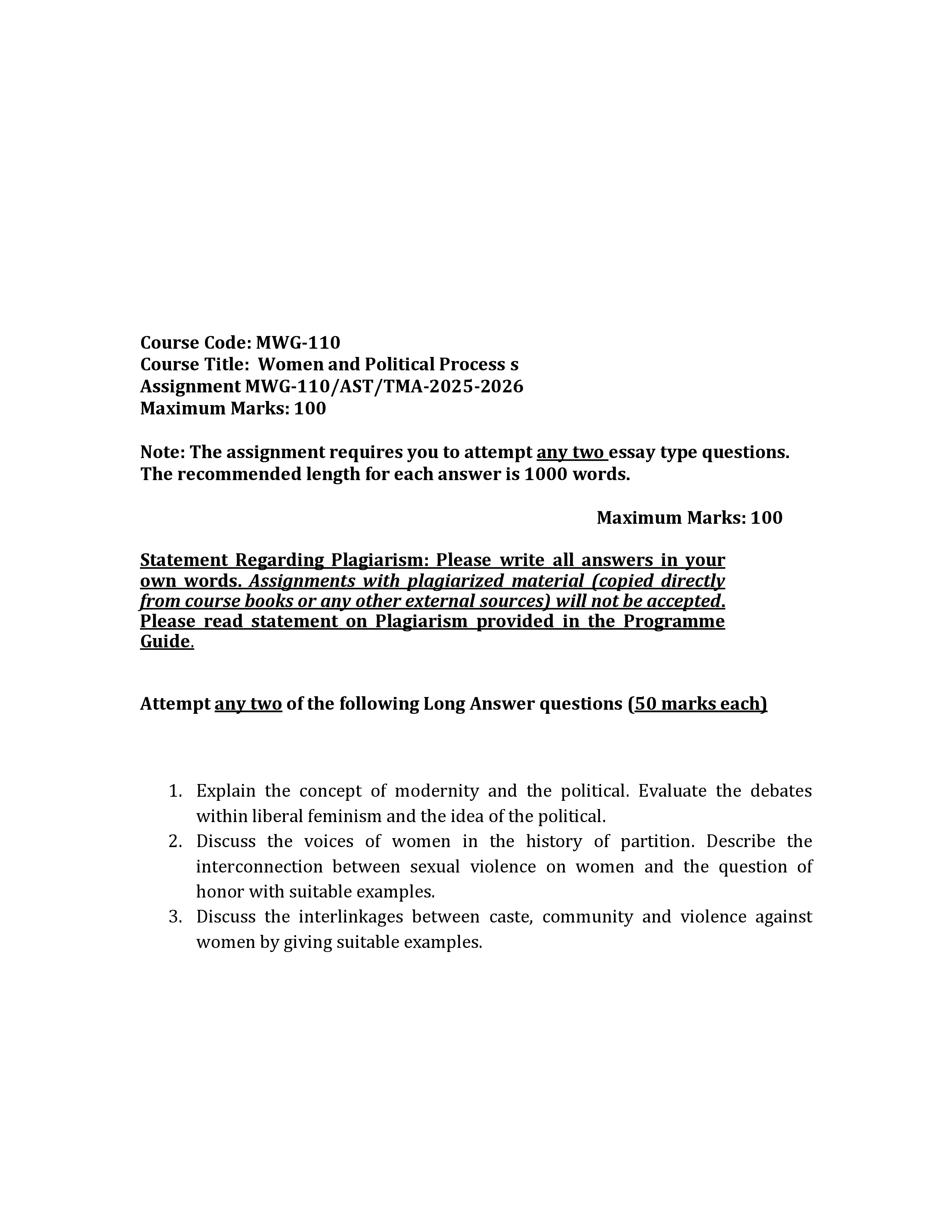 IGNOU MWG 110 Solved Assignment 2025-2026 – Women and Politcal Process (English) | IGNOU Students Portal