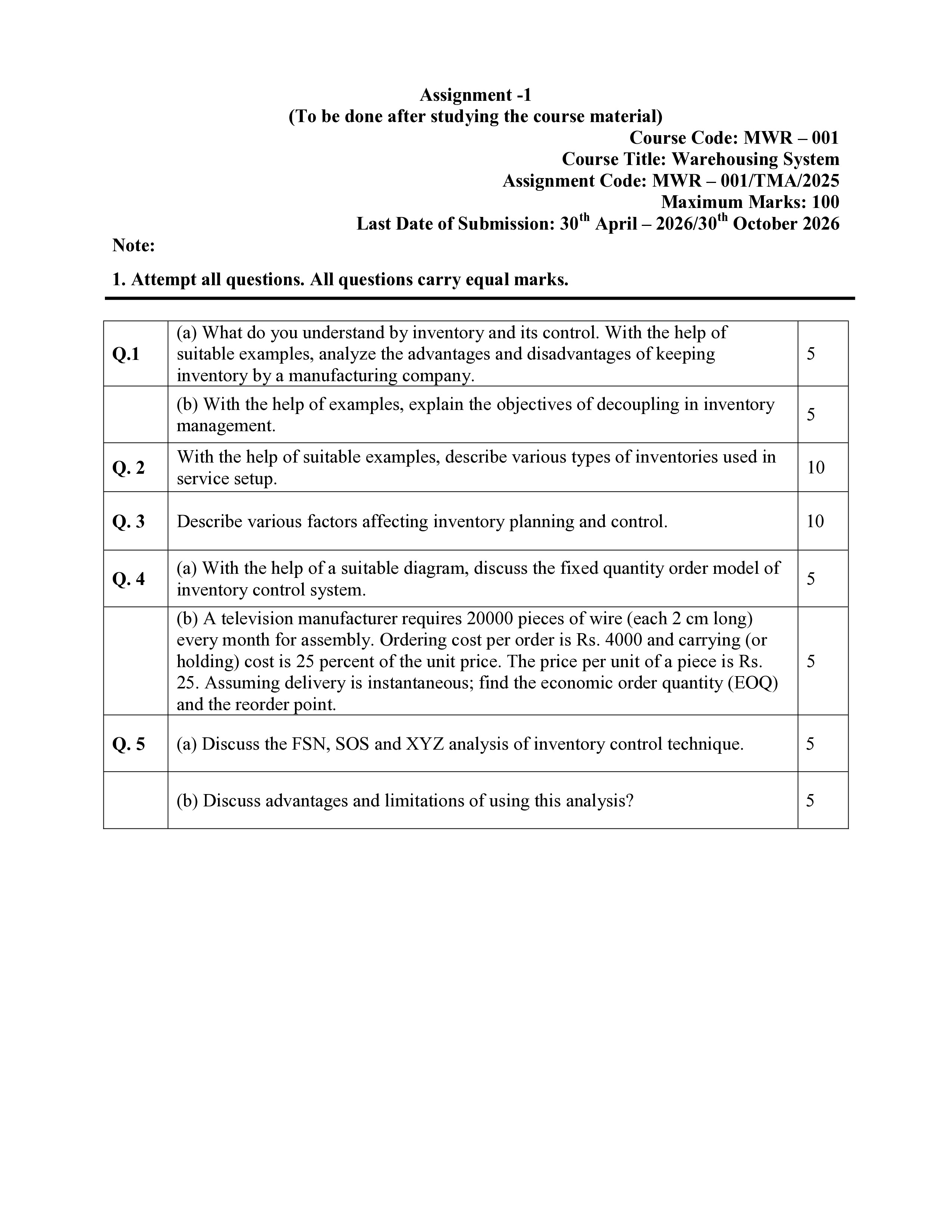 IGNOU MWR 001 Solved Assignment 2026-26 – Introduction to Inventory Planning and Control (English) | IGNOU Students Portal