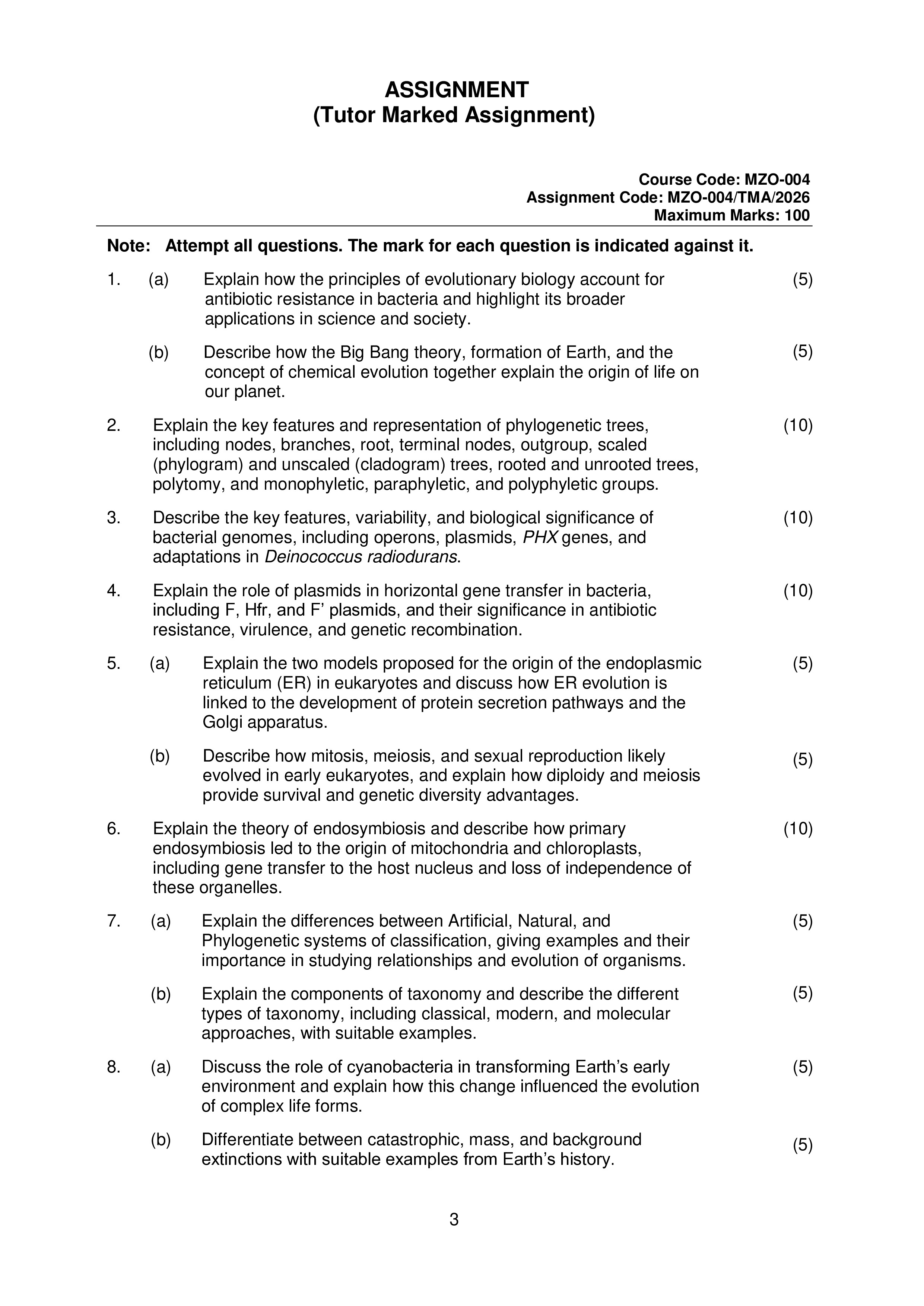 IGNOU MZO 004 Solved Assignment 2026-26 – Systematics, Biodiversity and Evolution (English) | IGNOU Students Portal