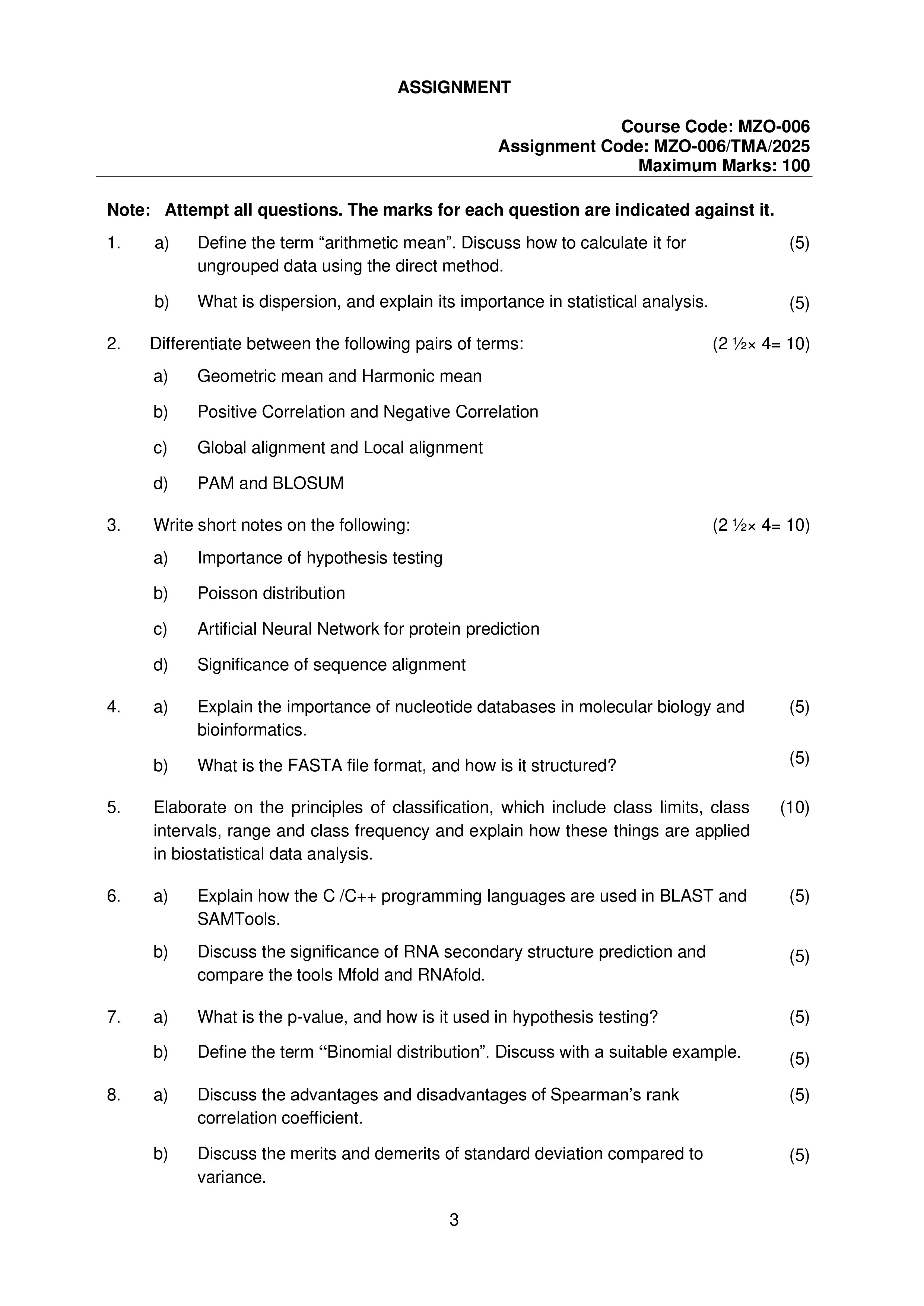 IGNOU MZO 006 Solved Assignment 2025-25 – Biostatistics and Bioinformatics (English) | IGNOU Students Portal