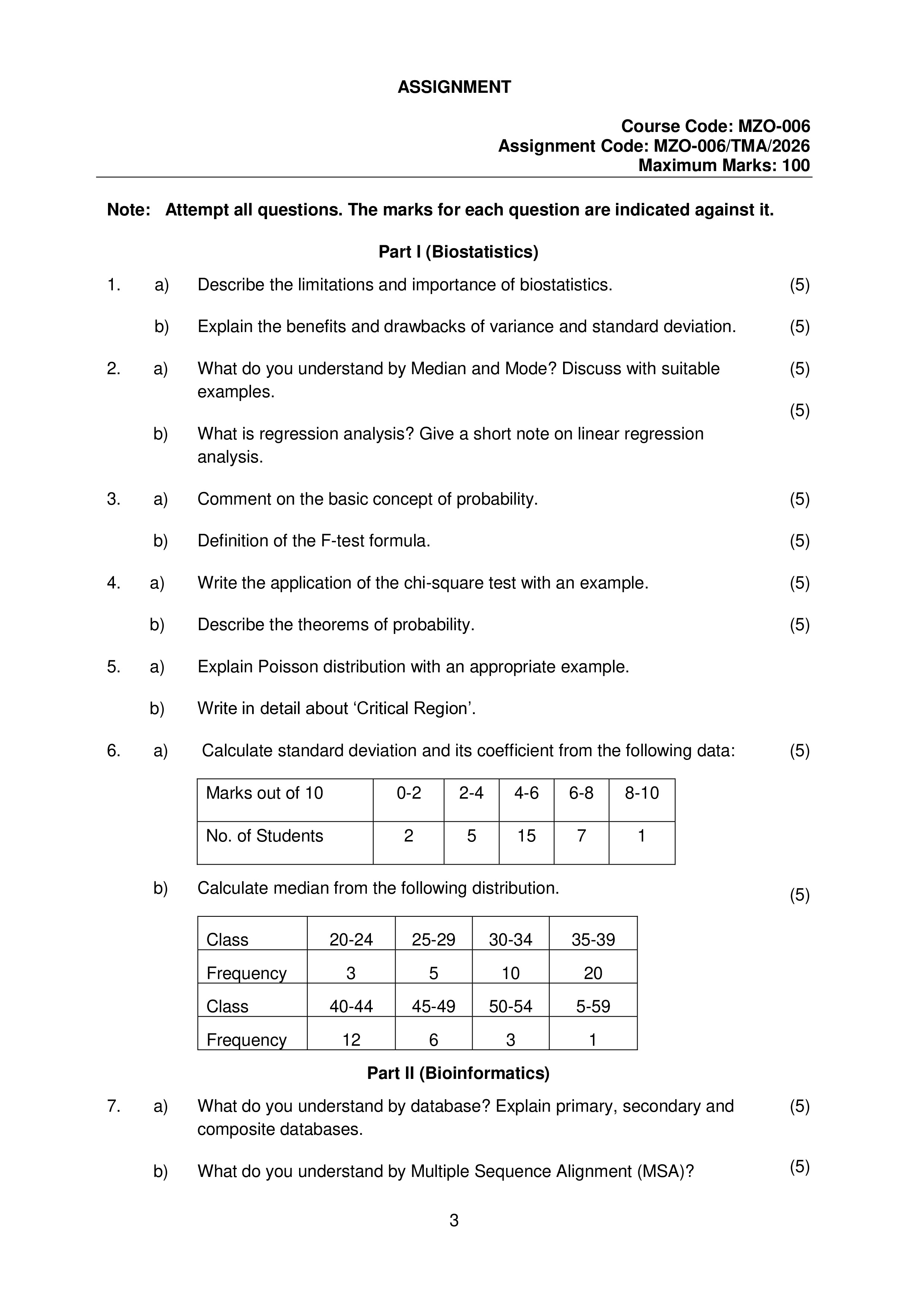 IGNOU MZO 006 Solved Assignment 2026-26 – Biostatistics and Bioinformatics (English) | IGNOU Students Portal