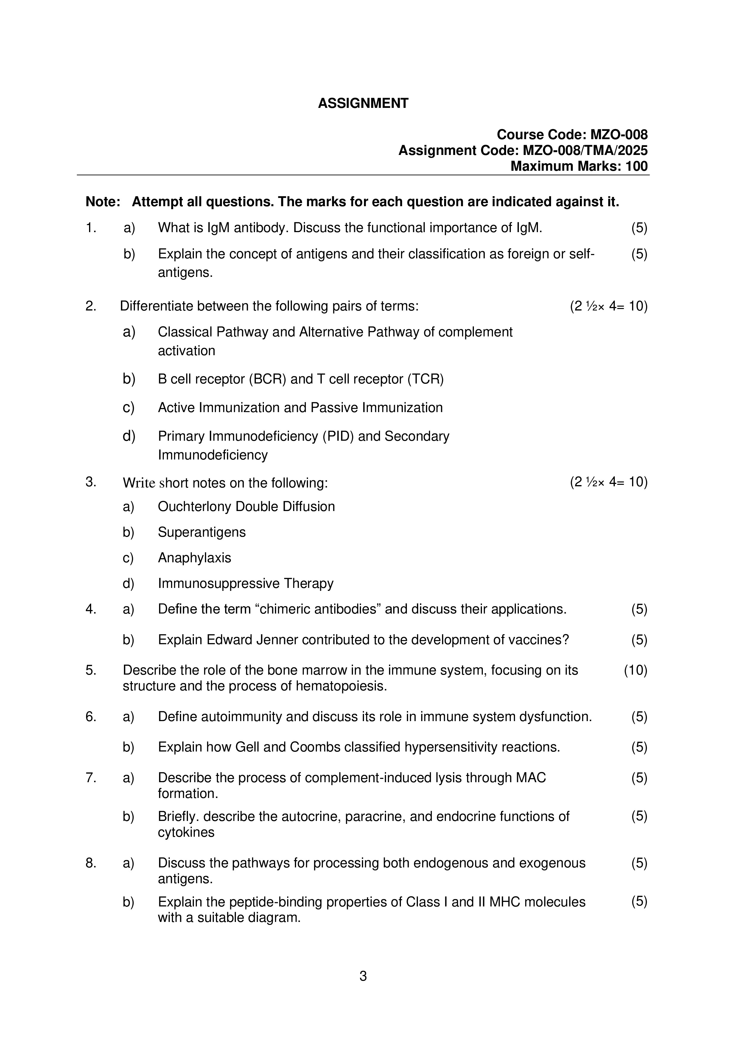 IGNOU MZO 008 Solved Assignment 2025-25 – Immunology (English) | IGNOU Students Portal