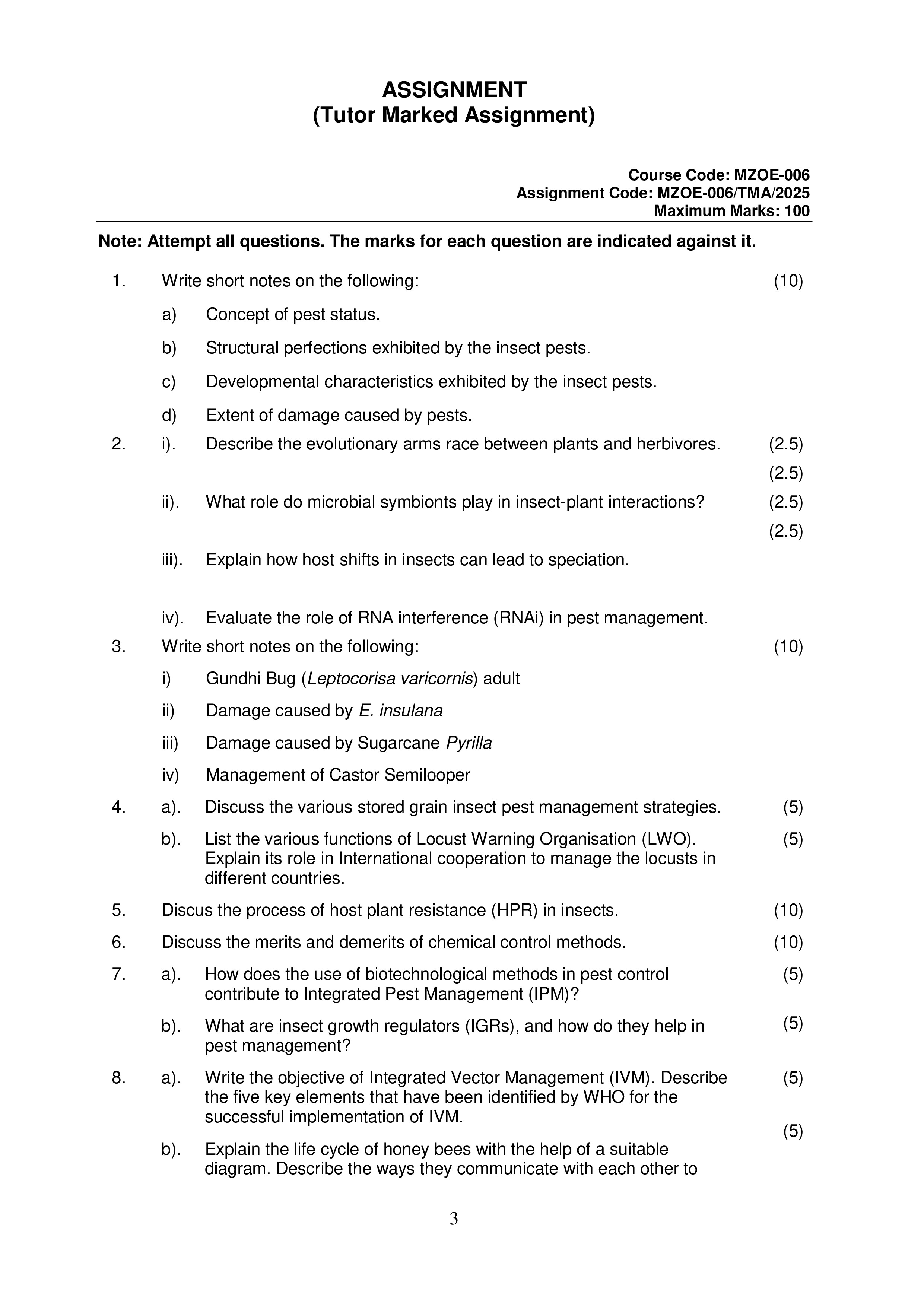 IGNOU MZOE 006 Solved Assignment 2025-25 – Applied Entomology (English) | IGNOU Students Portal
