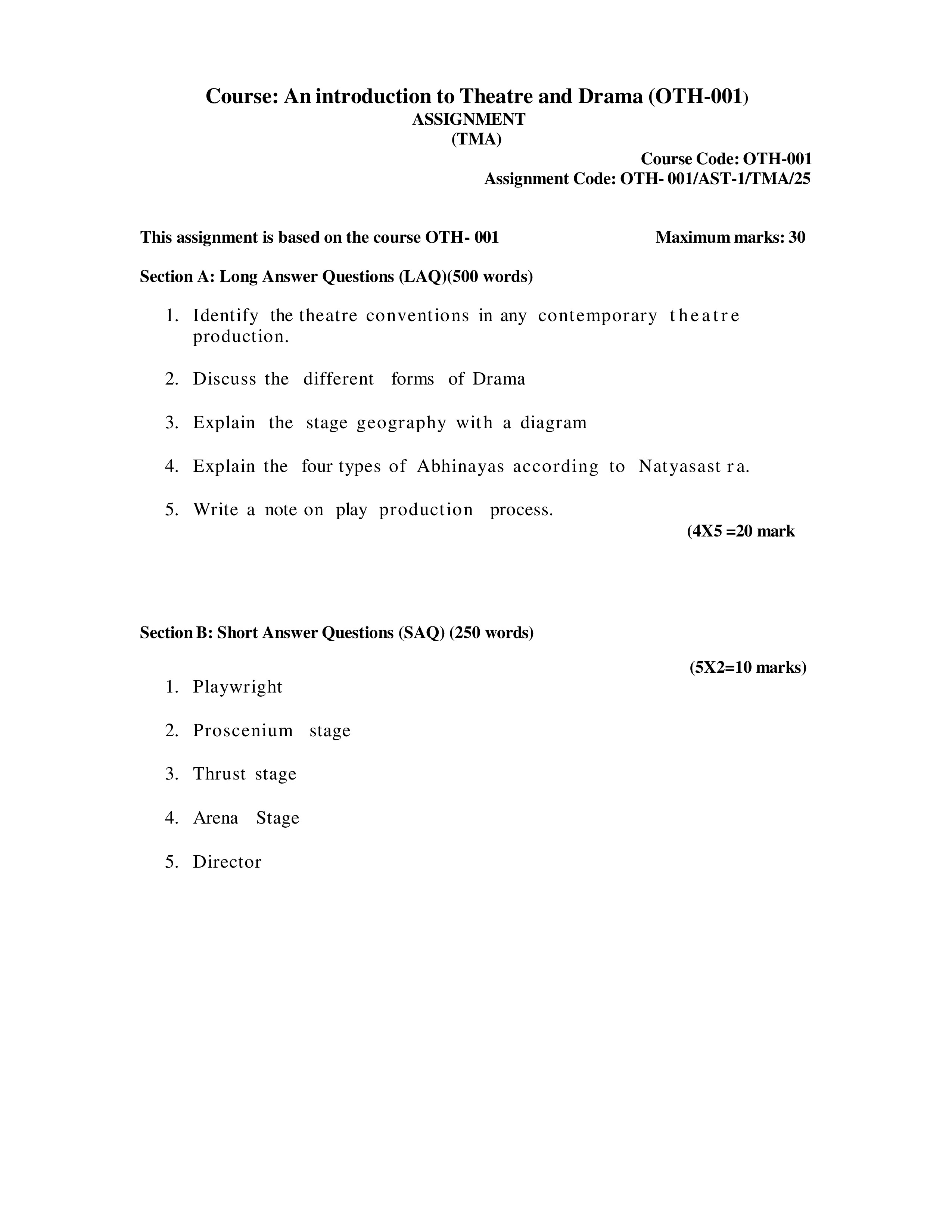 IGNOU OTH 001 Solved Assignment 2025-25 – An Introduction to Theatre and Drama (English) | IGNOU Students Portal