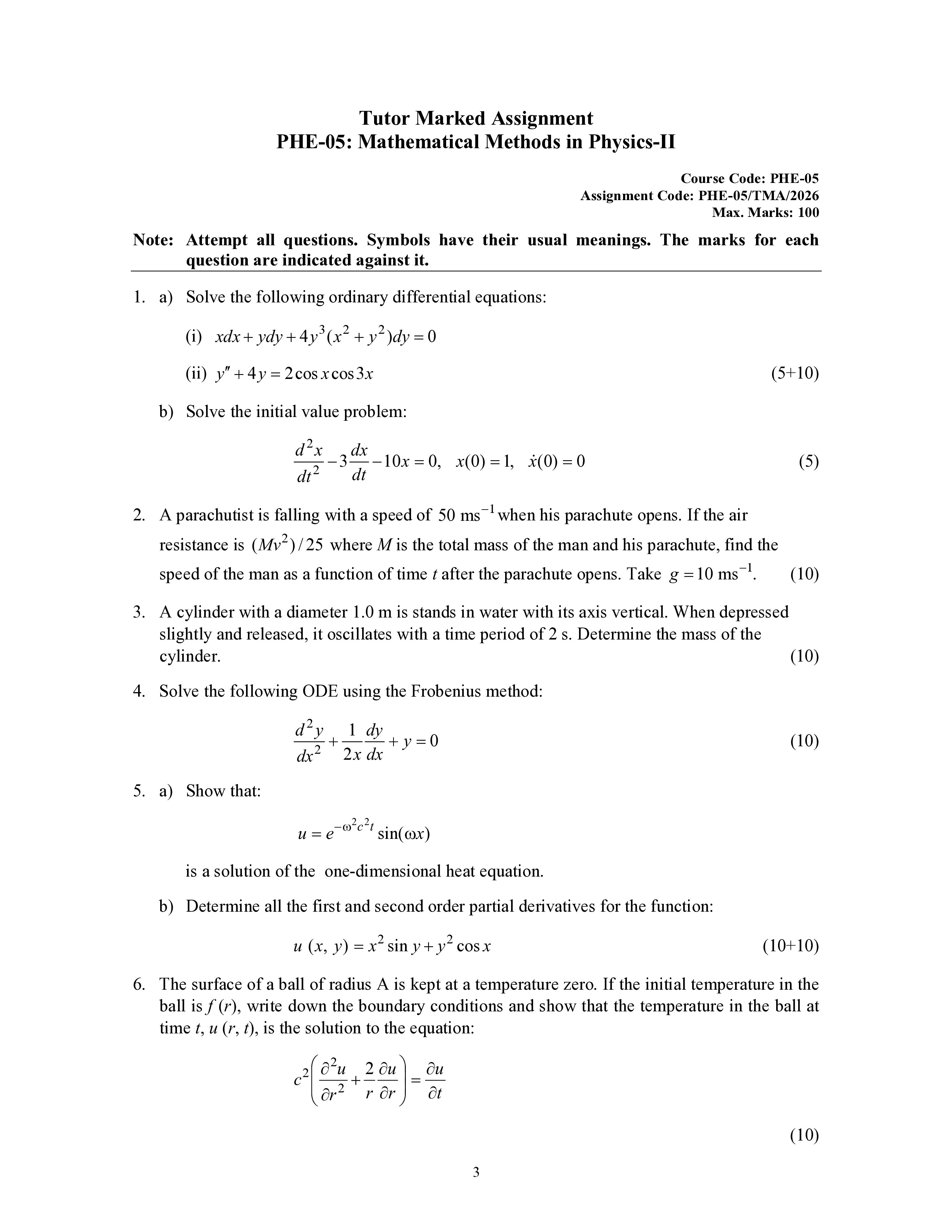 IGNOU PHE 005 Solved Assignment 2026-26 – Mathematical Methods in Physics - II (English) | IGNOU Students Portal
