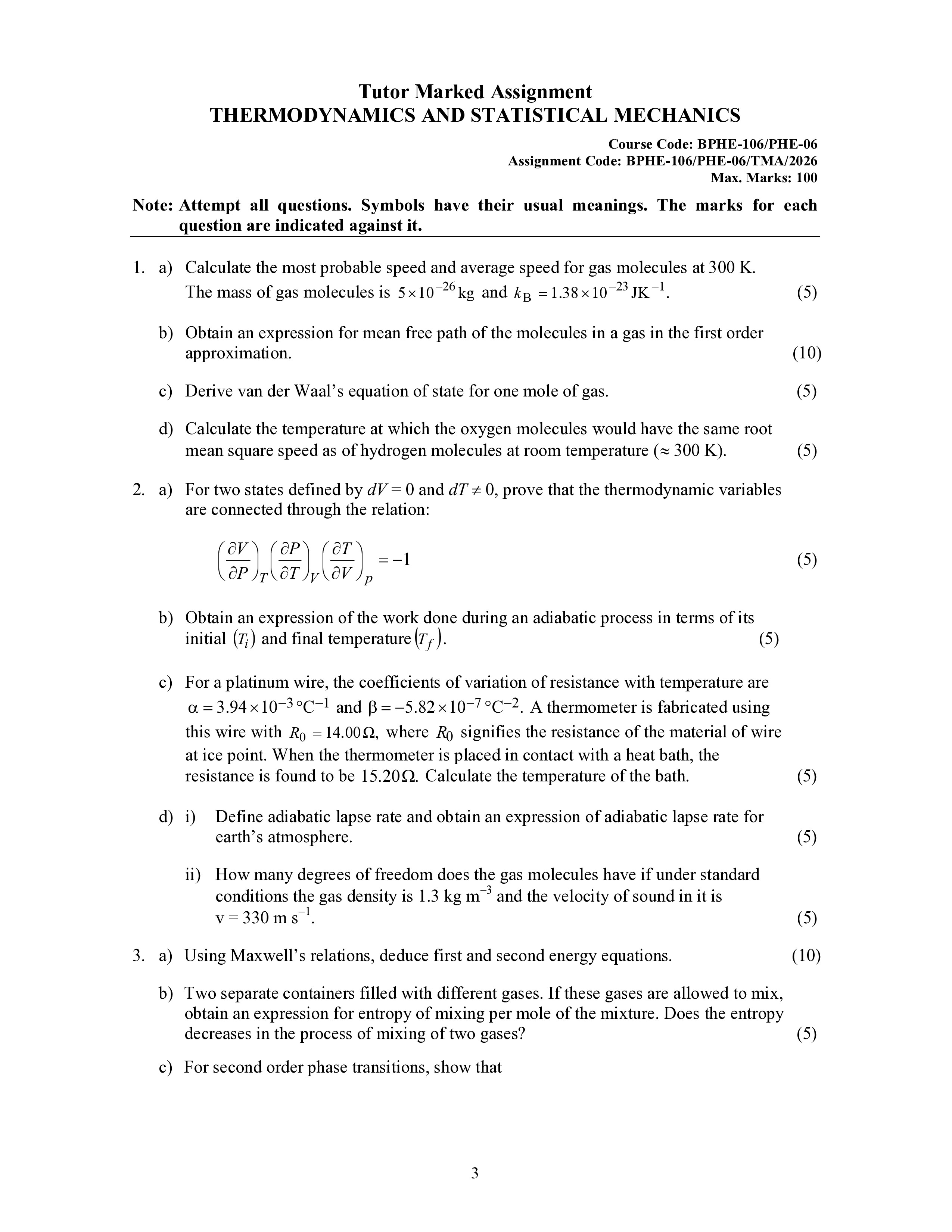 IGNOU PHE 006 Solved Assignment 2026-26 – Thermodynamic and Statistical Mechanics (English) | IGNOU Students Portal
