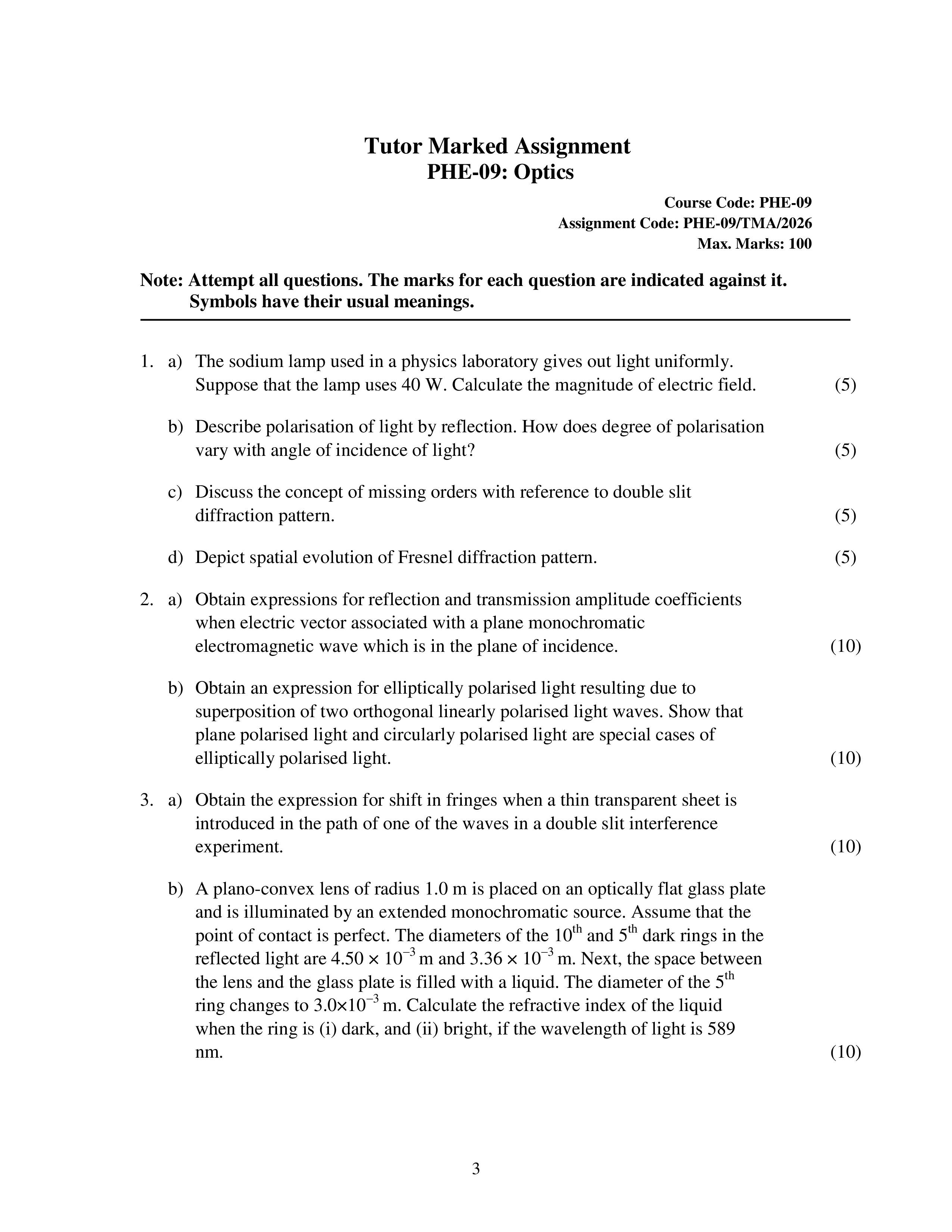 IGNOU PHE 009 Solved Assignment 2026-26 – Optics (English) | IGNOU Students Portal