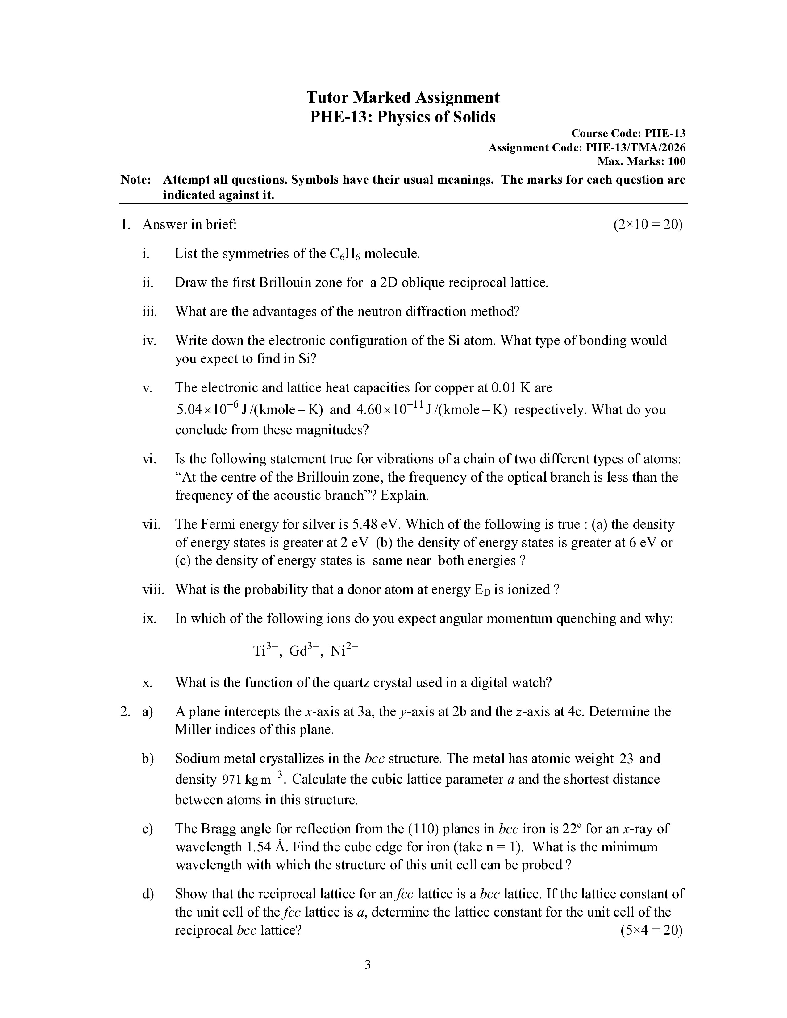 IGNOU PHE 013 Solved Assignment 2026-26 – Physics of Solids (English) | IGNOU Students Portal