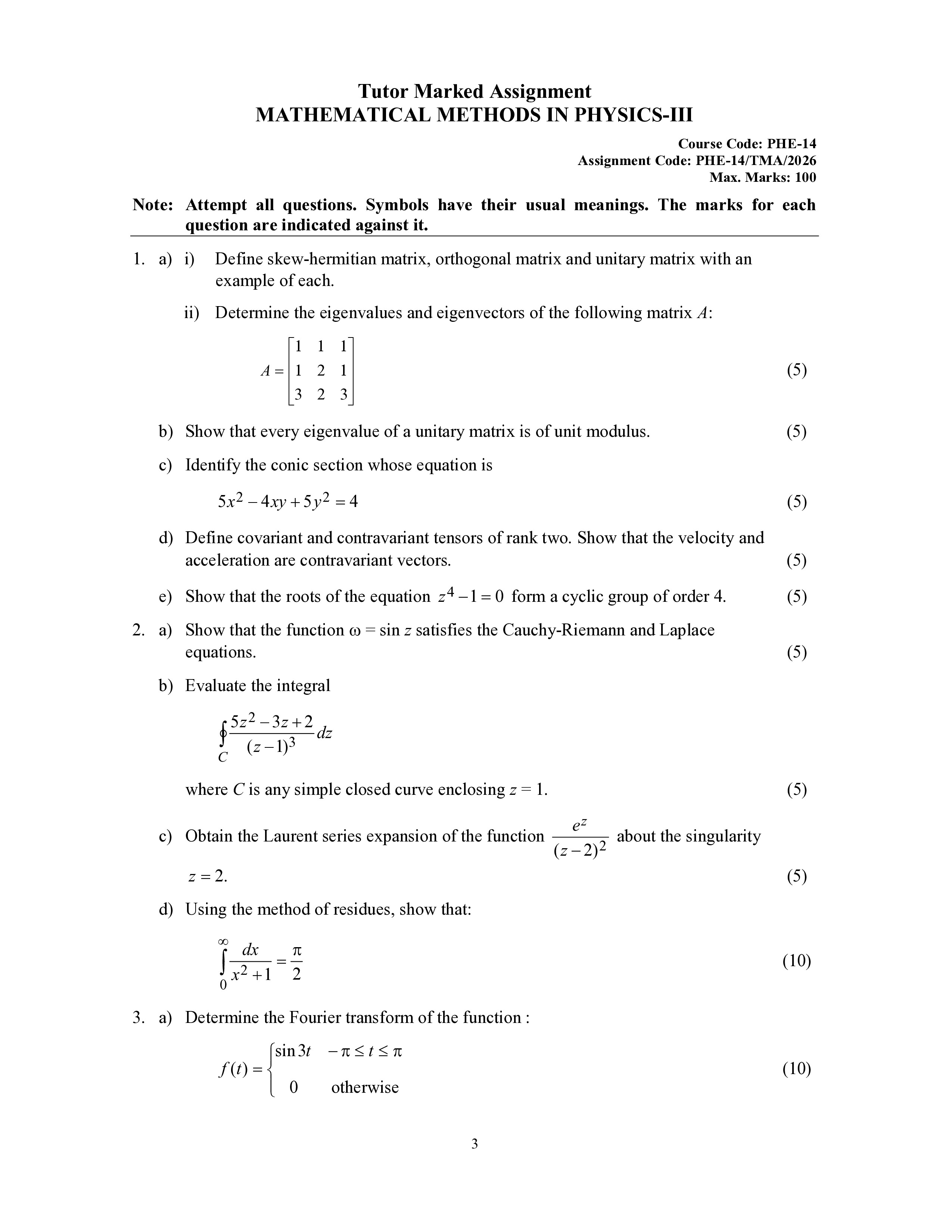 IGNOU PHE 014 Solved Assignment 2026-26 – Mathematical Methods in Physics - III (English) | IGNOU Students Portal