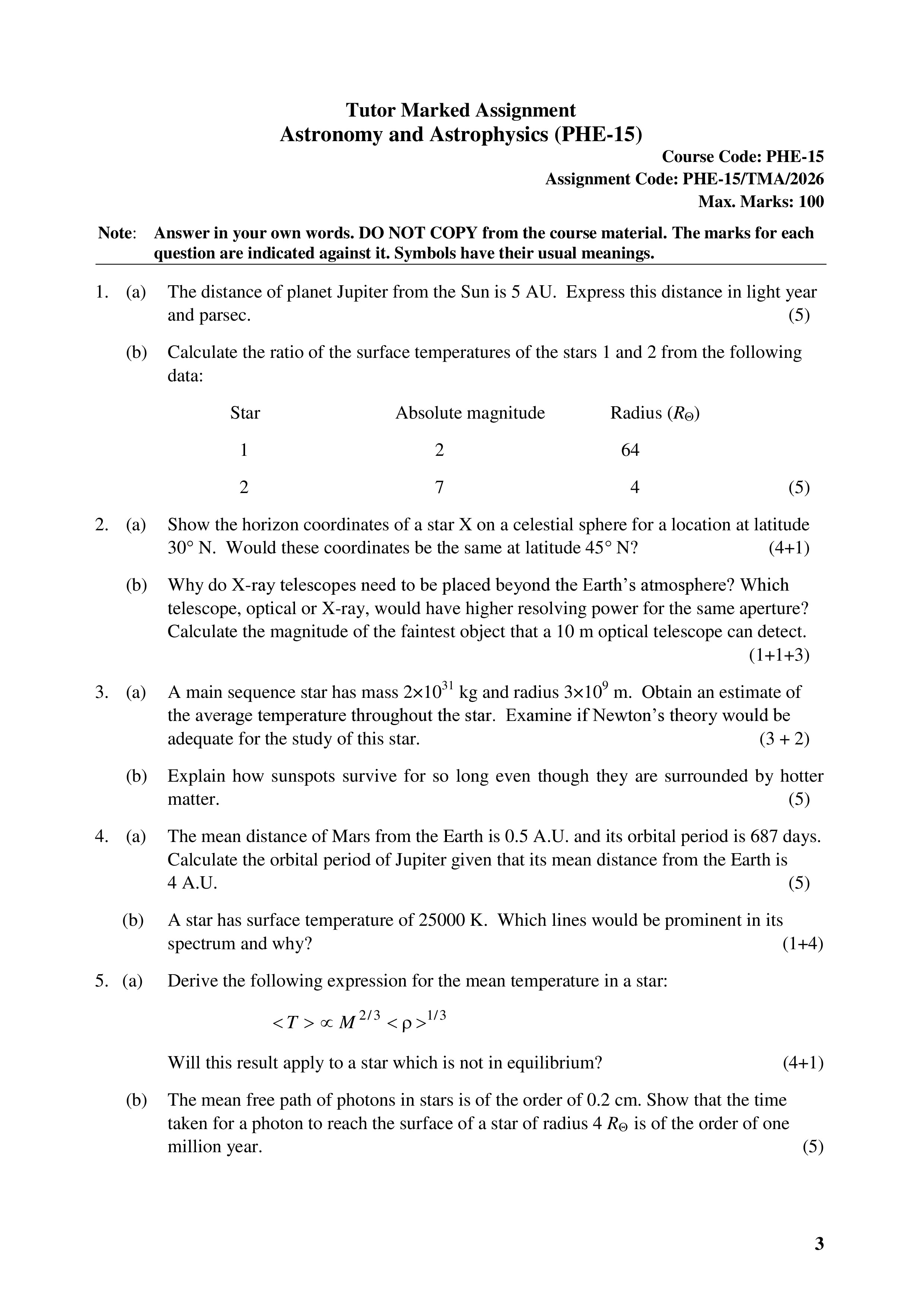 IGNOU PHE 015 Solved Assignment 2026-26 – Astronomy and Astrophysics (English) | IGNOU Students Portal