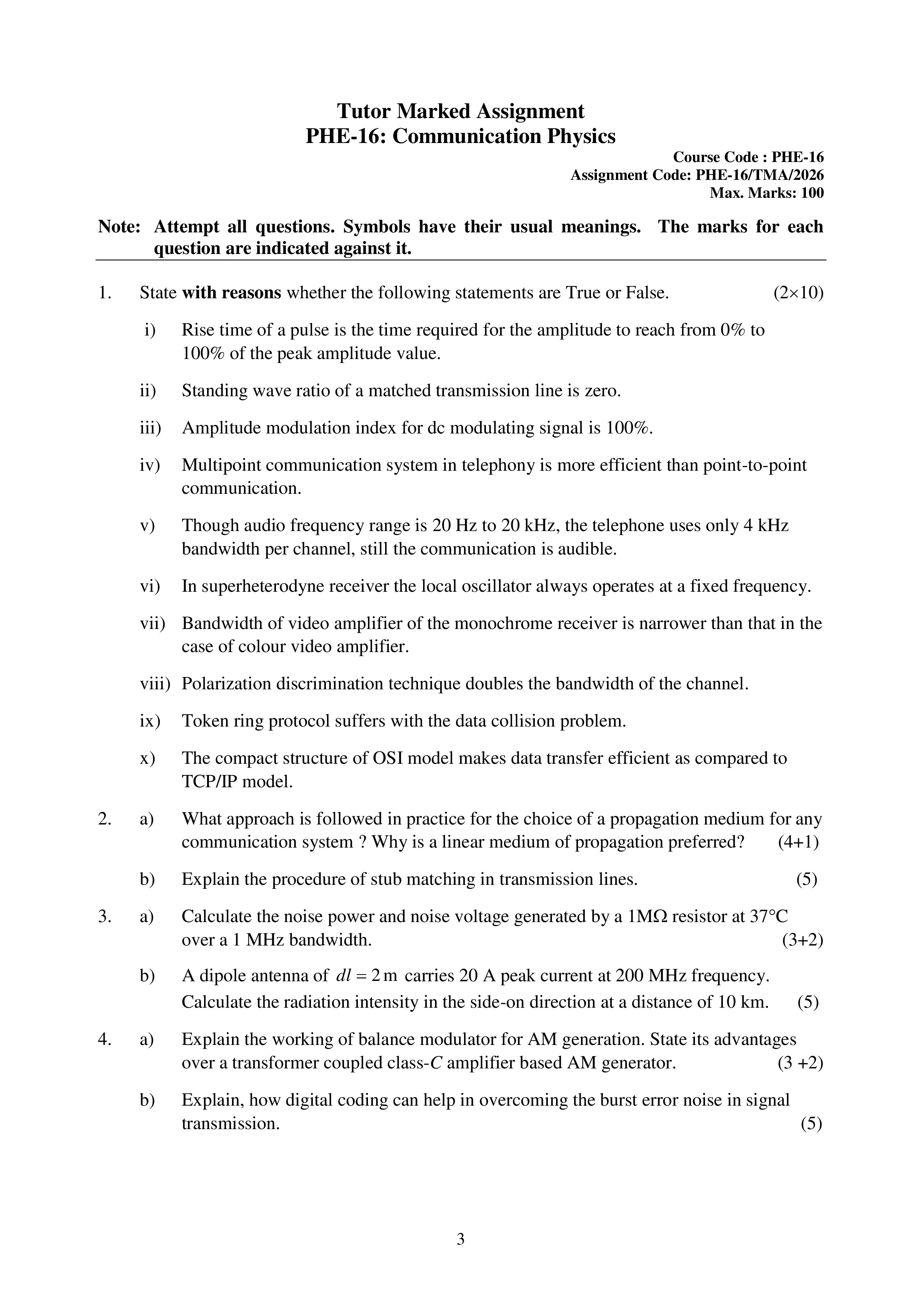 IGNOU PHE 016 Solved Assignment 2026-26 – Communication Physics (English) | IGNOU Students Portal